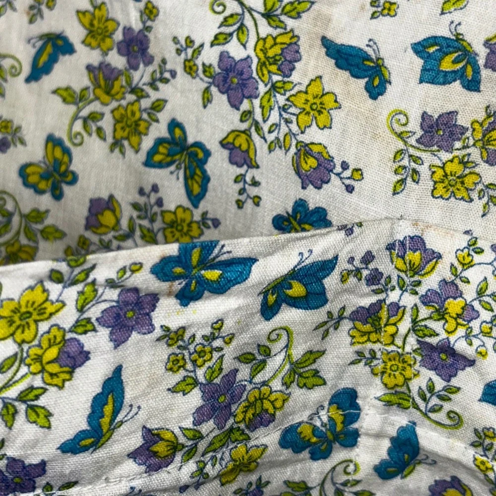 Vintage Floral Butterfly Half Apron Yellow Purple Teal Handmade‎ Pockets